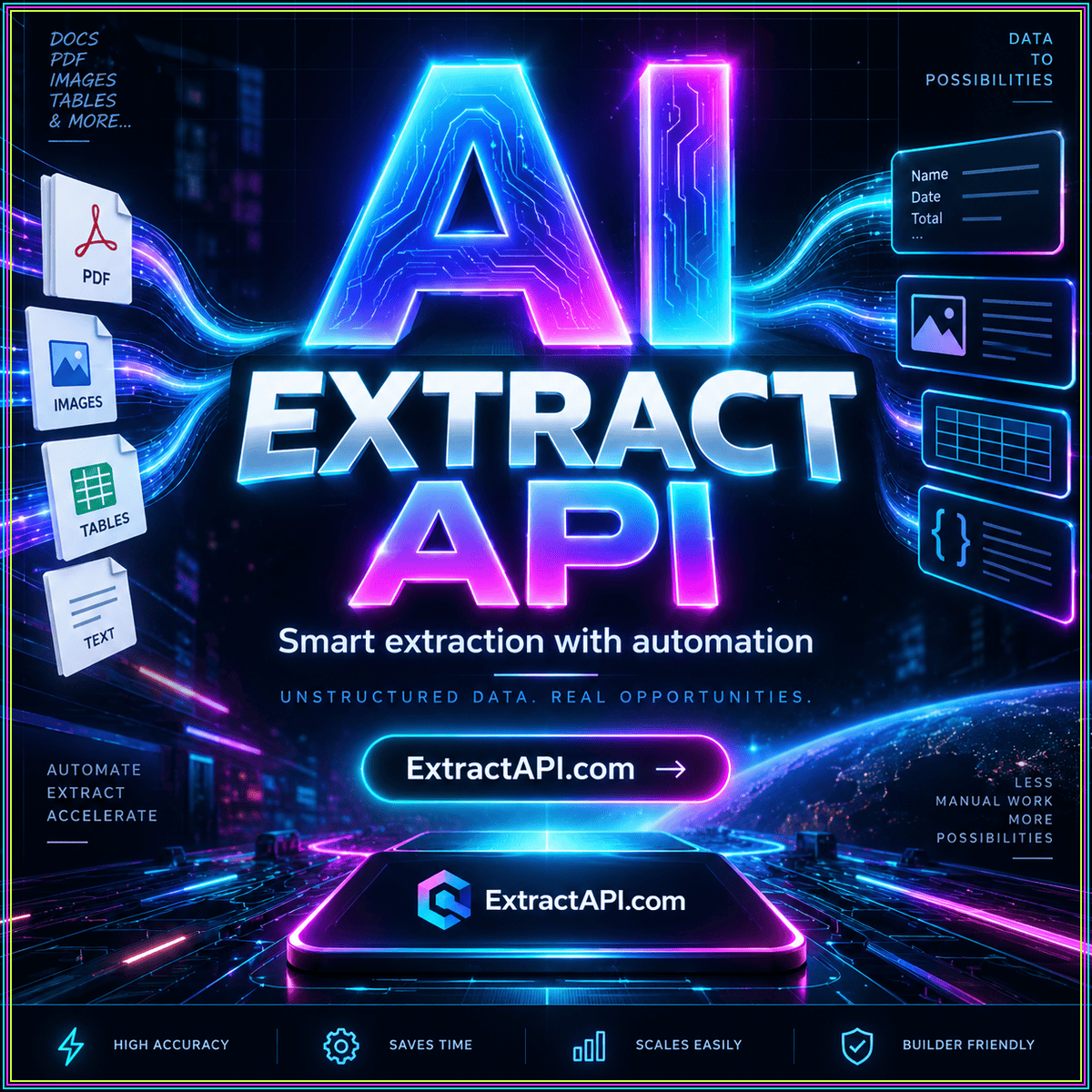 AI extract API neon typography with illustrated source-to-data flow and ExtractAPI.com branding