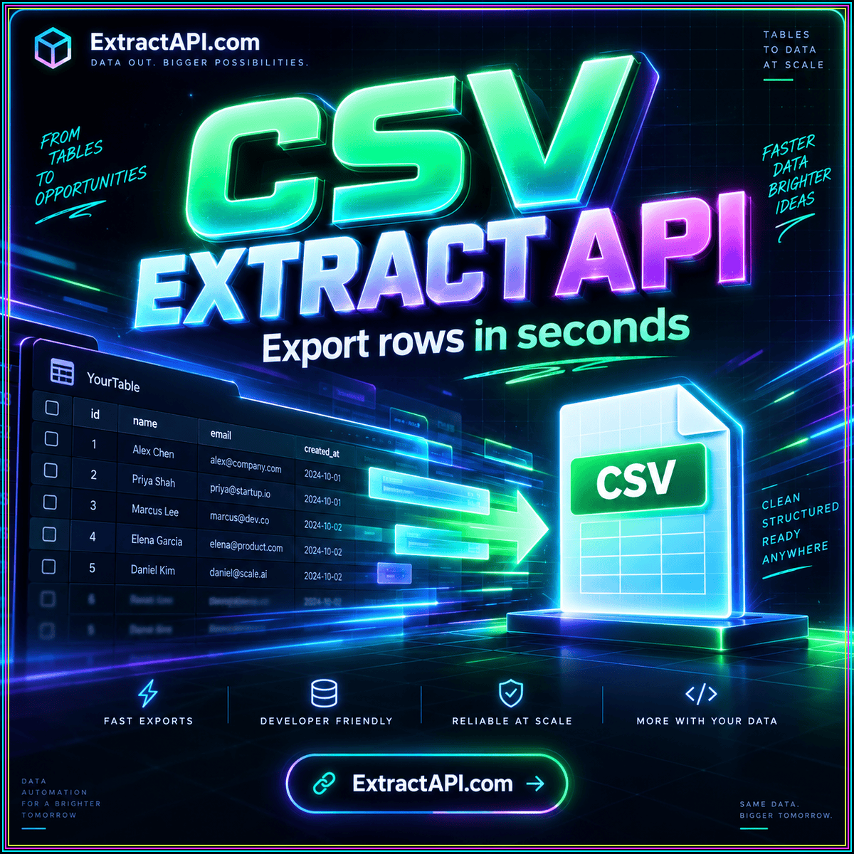 CSV extract API neon typography with illustrated source-to-data flow and ExtractAPI.com branding