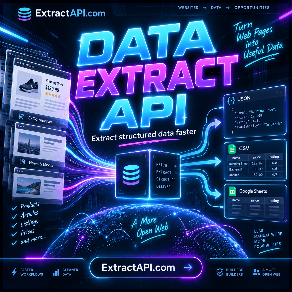Data extract API neon typography with illustrated source-to-data flow and ExtractAPI.com branding