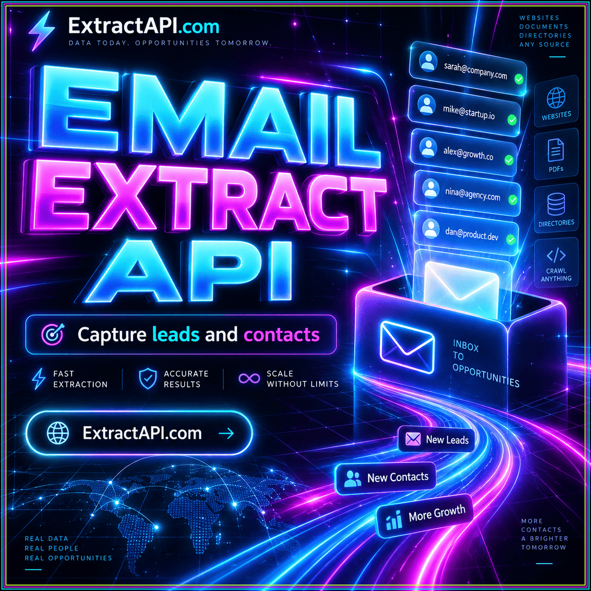 Email extract API neon typography with illustrated source-to-data flow and ExtractAPI.com branding
