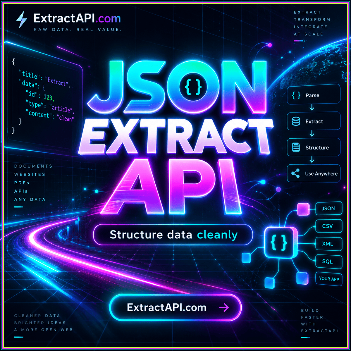 JSON extract API neon typography with illustrated source-to-data flow and ExtractAPI.com branding