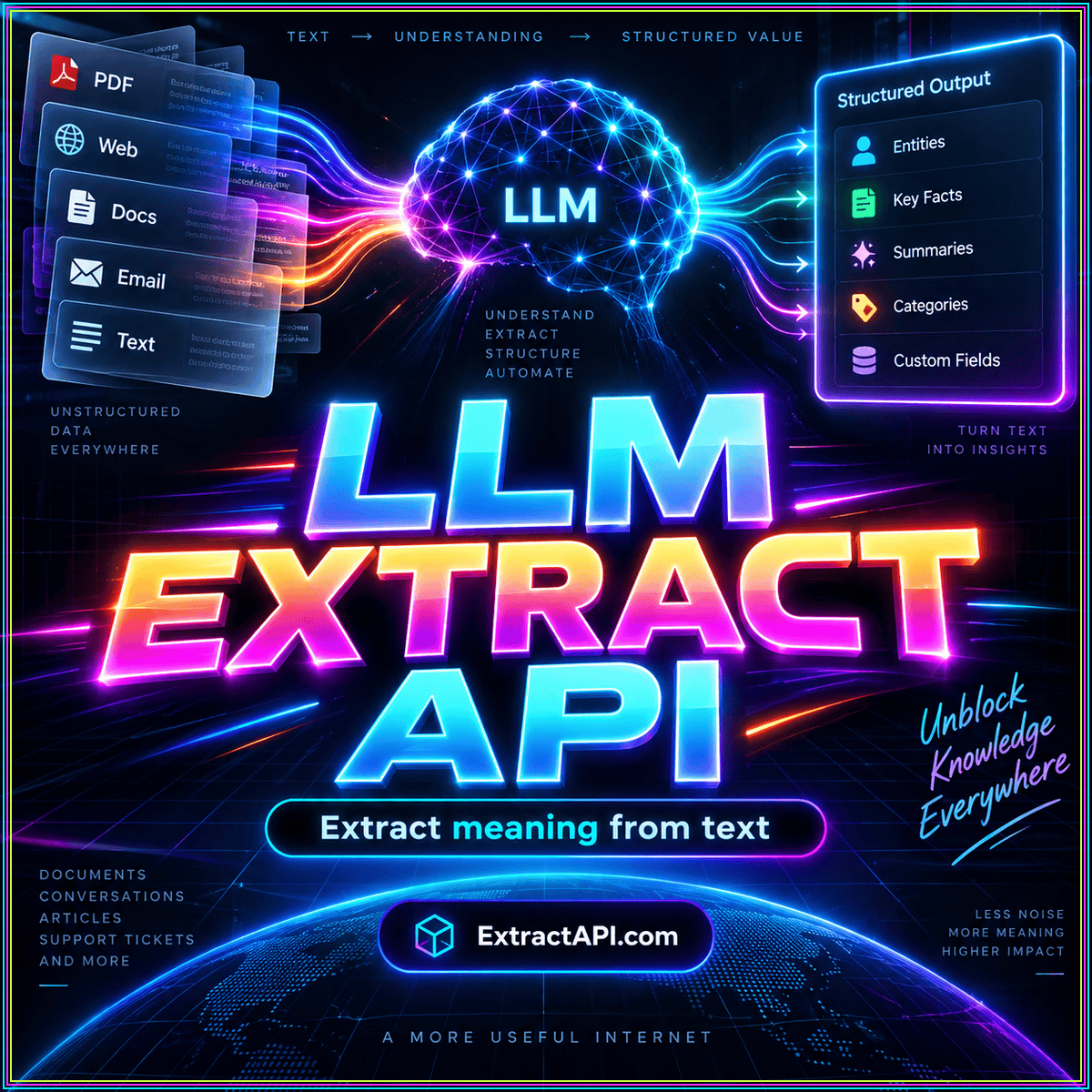 LLM extract API neon typography with illustrated source-to-data flow and ExtractAPI.com branding