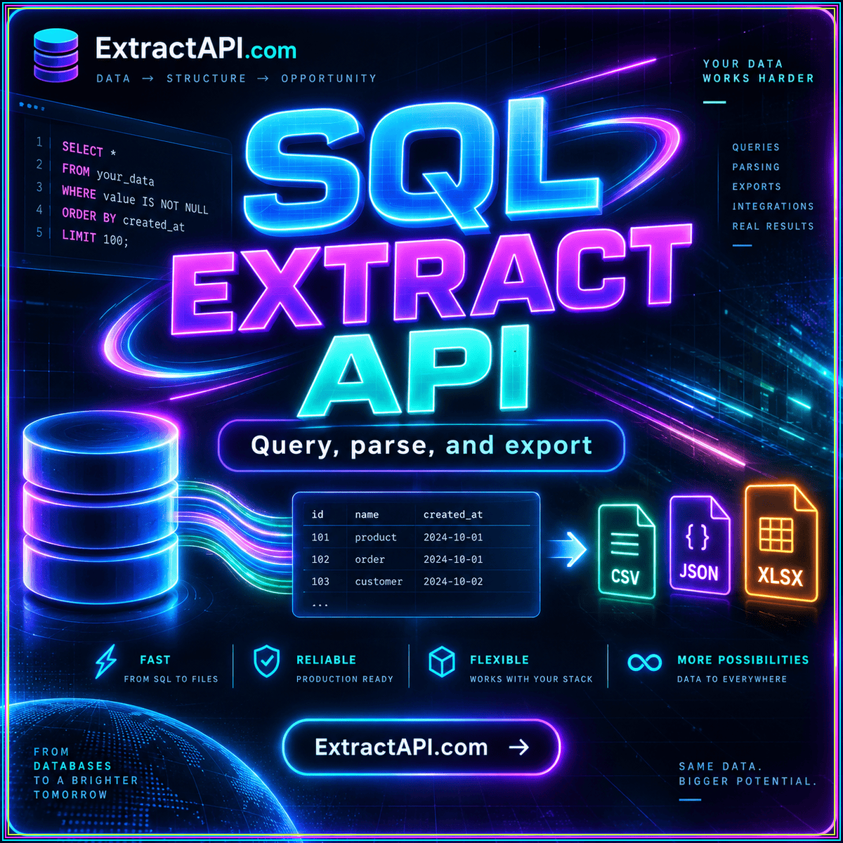 SQL extract API neon typography with illustrated source-to-data flow and ExtractAPI.com branding