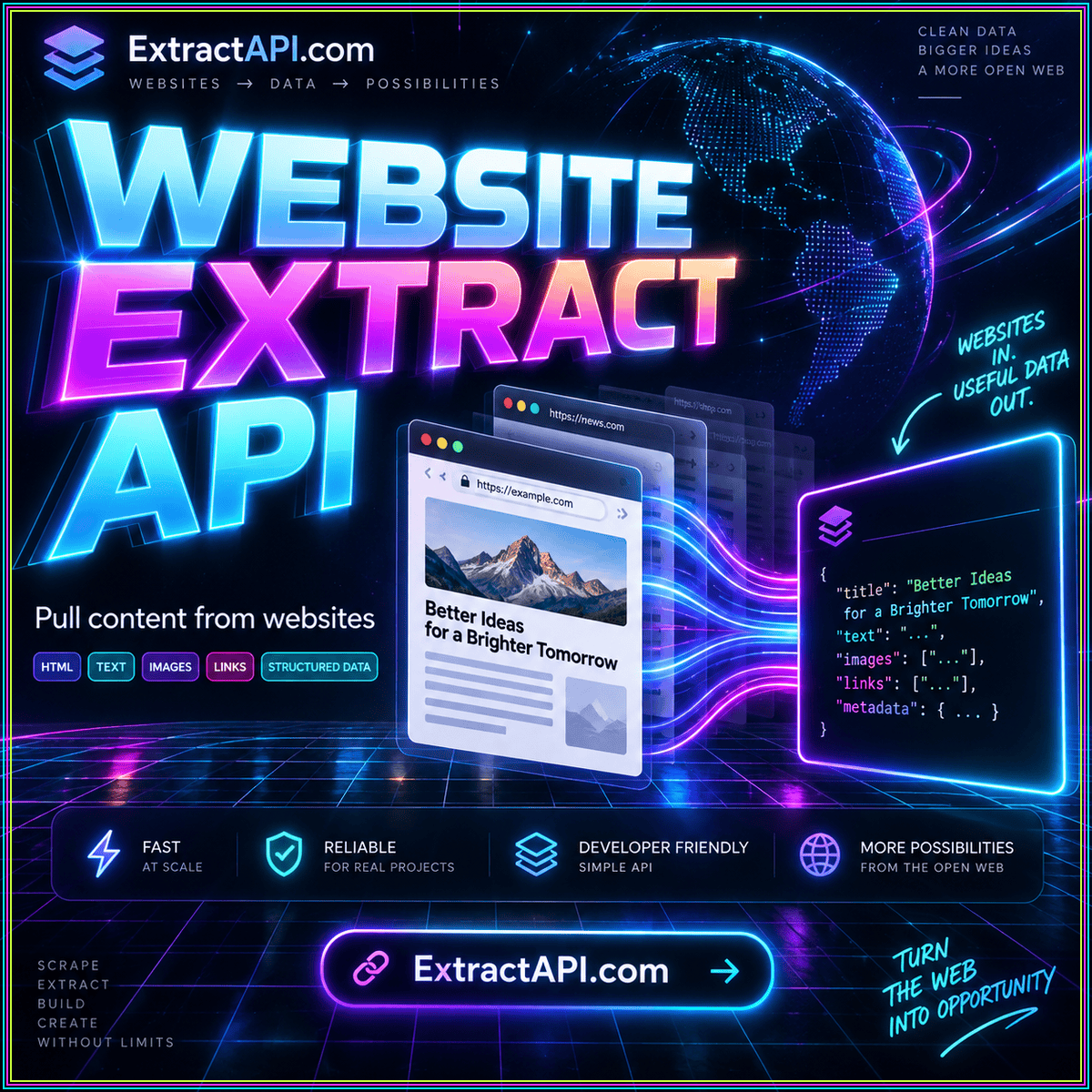 Website extract API neon typography with illustrated source-to-data flow and ExtractAPI.com branding