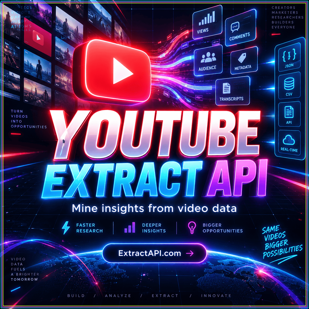 YouTube extract API neon typography with illustrated source-to-data flow and ExtractAPI.com branding